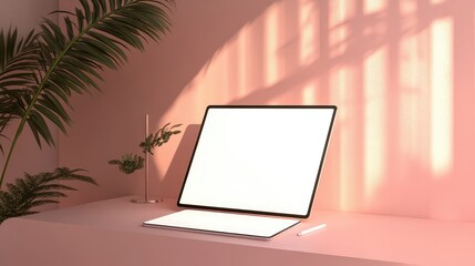 Poster - Clean digital mockup setup with white screen tablet and stylus on pastel surface, perfect for copy use