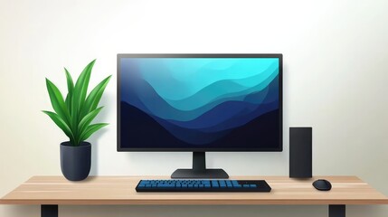 Poster - Clean modern desk setup with sleek monitor, wireless keyboard, and houseplant on a light wooden desk, with white background wall perfect for copy space