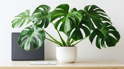 Poster - Clean modern desk setup with sleek monitor, wireless keyboard, and houseplant on a light wooden desk, with white background wall perfect for copy space