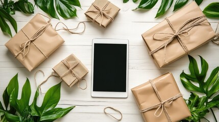 Poster - Clean workspace with product packaging and digital tablet, leaving space for product information or online retail copy