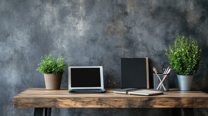 Poster - Contemporary workspace with wooden desk, tablet, notebook, and plant, featuring empty background wall for text overlay