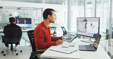 Fototapete - Computer screen, tablet and windmill with business man in office for renewable energy or sustainability. Ecology, electricity and wind turbine with map on display for development or engineering