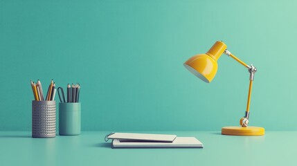 Poster - Designer office table with modern accessories, notebook, desk lamp, and copy space on muted color wall background