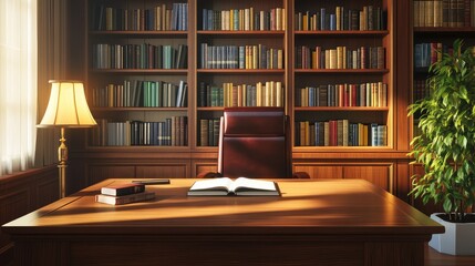 Poster - Elegant private office with wood desk, bookshelf, modern lamp, indoor tree, and clear background space for design or text