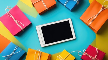 Aufkleber - Flat lay of an online shopping app interface on a tablet, with empty space for product promotion or sales-related text