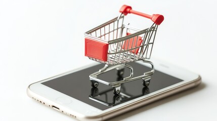 Poster - Flat lay of shopping cart on a smartphone screen with a clean background, leaving space for online shopping promotions or content