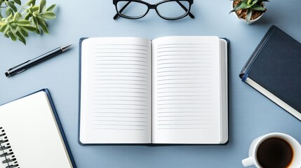 Poster - Flat lay of textbooks, a notepad, and an open laptop, offering room for online learning advertisements or course details