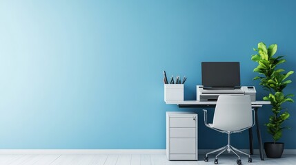 Poster - Fresh desk setup with blue accent wall, clean desk, and organized tools with copy room
