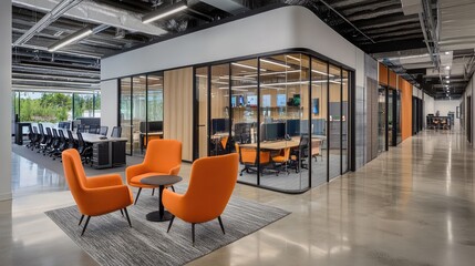 Poster - Industrial-style open office space with raw concrete floors, metal accents, and clear background for placing content