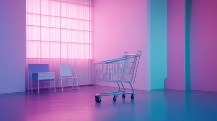Poster - Minimalistic workspace with an empty shopping cart on a screen and room for product advertising or online shopping copy