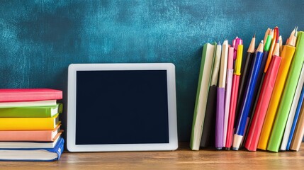 Poster - Modern desk setup with a tablet and textbooks, blank area for educational text or course promotions