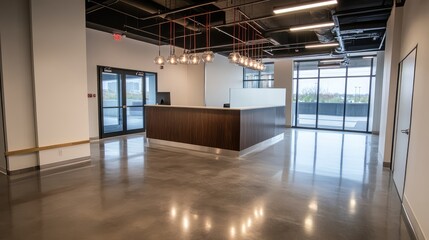 Poster - Open layout office with polished concrete floor, modern lighting, and blank background wall for overlays