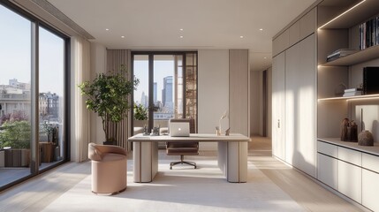 Poster - Remote work desk in modern apartment with smart design, decorative pieces, and blank wall