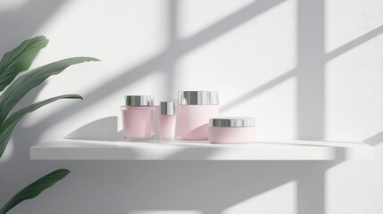 Poster - Simple product shot of cosmetics on a shelf with blank space beside it, ideal for online store promotions