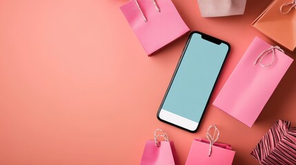 Poster - Top view of a smartphone showing an online shopping app interface, with space for adding promotional or product details