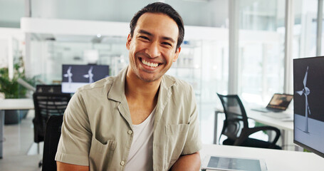 Poster - Screen, engineer and man with smile, portrait and confident for windmill design, online and renewable energy. Office, employee and cost savings with wind turbine, happy and person with tech in Japan