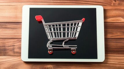 Poster - Top view of a tablet displaying an empty shopping cart, with space for adding online shopping ads or product details