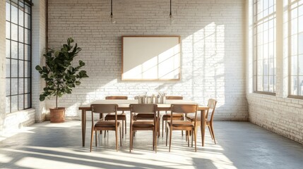 Poster - Urban coworking space with loft aesthetic, large windows, and copy space on whitewashed brick wall