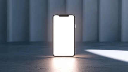 Poster - White background with smartphone standing upright, glowing white screen ideal for mobile online mockup