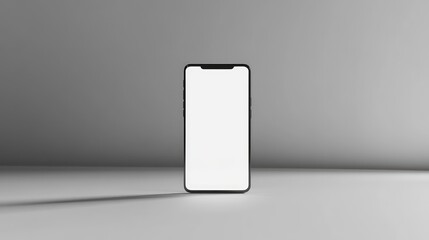 Poster - White background with smartphone standing upright, glowing white screen ideal for mobile online mockup