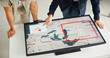 © DavidL2000/peopleimages.com - Engineer, people and hands with map on screen for turbine location, power development and renewable energy. Interactive display, above and employee pointing to wind rose diagram for speed direction