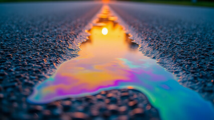 Poster - Reflection of Vibrant Sunset in Oil Spill on Road with Colorful Pattern and Texture in a Creative Landscape Scene