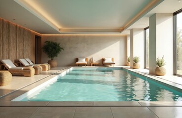 Poster - Indoor pool with relaxation area. Sun loungers wicker chairs create spa-like atmosphere. Tranquil swimming pool, rest. Modern architectural design, luxury decor. Perfect summer vacation, spa, hotel