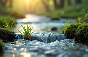 Aufkleber - Gentle light illuminates small stream. Spring scenery young grasses, sprouts begin to grow. Nature, water, river, eco concept. Pure spring, natural environment. Tranquil, peaceful scene of awakening