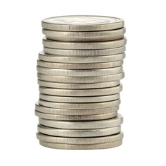 Poster - Stack of shiny silver coins piled neatly on a wooden surface, highlighting their reflective quality and monetary value isolated on a white background.