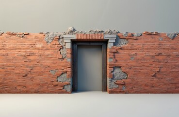 Poster - Brick wall with doorway. Red brick texture imperfections, damages. Ancient architecture elements, building construction with concrete, cement. Old home structure, vintage design. Perfect for
