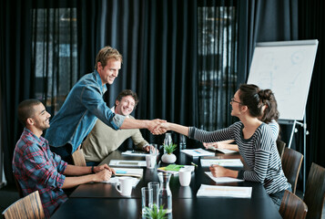 Aufkleber - Handshake, deal and people in office meeting with partnership for onboarding or business success. Shaking hands, trust and consultant for contract in workplace boardroom by collaboration or diversity