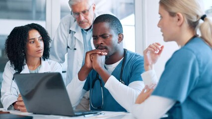 Fototapete - Doctors, nurses and laptop with teamwork in meeting for discussion in healthcare. Surgeon, people and technology for hospital report, results and research with collaboration for planning procedure