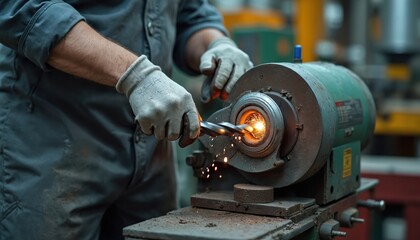 Leinwandbilder - Factory worker grinds drill on grinder. Sparks, metalworking. Man sharpens industrial tool. Steel workshop, machinery, tool, manufacturing process. Repair, construction, production.