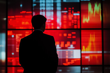Aufkleber - man stands in front of a computer monitor with red and black numbers on it. The man is wearing a suit and tie. Concept of seriousness and focus, as the man is analyzing the data on the screen