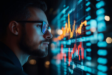 Aufkleber - man is looking at a computer screen with a lot of numbers and graphs. He is wearing glasses and he is focused on the screen. Concept of concentration and analytical thinking