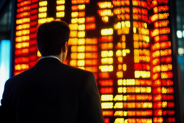 Aufkleber - man is looking at a large screen with many numbers on it. The numbers are red and yellow, and the man is focused on the screen. Scene is serious and intense