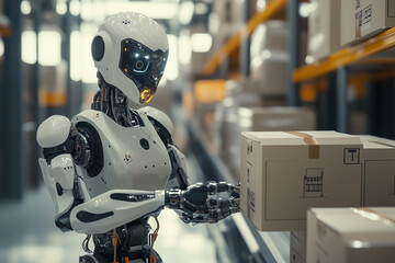 Aufkleber - robot is in a warehouse, holding a box. The robot is white and has a robotic appearance