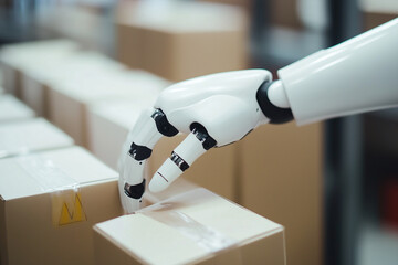 Aufkleber - robot is reaching for a box in a warehouse. The robot's hand is touching the box, and it is trying to open it. Concept of curiosity and exploration