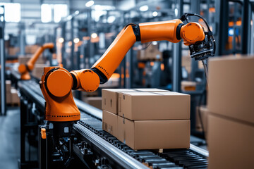 Poster - robot is picking up boxes on a conveyor belt. The robot is orange and has a long arm