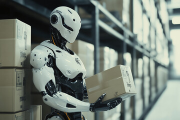 Aufkleber - robot is holding a box in a warehouse. The robot is white and has a box in its hand