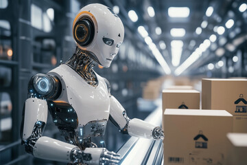 Aufkleber - robot is working in a warehouse, sorting boxes. The robot is white and has a metallic appearance. The warehouse is filled with boxes of various sizes and shapes. The robot is focused on its task