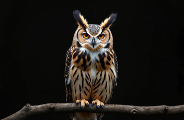 Eared owl portrait sitting on branch. Bird of prey isolated on black background, brown, yellow eyes. Animal wildlife, nature. Predator with feathers and beak. Forest hunter.