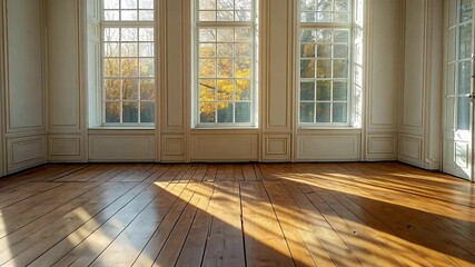 Poster - This bright, vacant room showcases sunlight streaming through expansive windows.