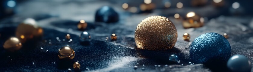 Poster - A captivating arrangement of shimmering spheres in gold, blue, and silver colors on a textured dark surface, perfect for adding a touch of elegance to any design or project.