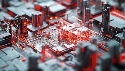 Poster - A close-up view of a futuristic microchip design illuminated with vibrant red light. The intricate circuitry represents advanced technology and innovation in the digital age.