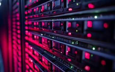 Poster - A close-up view of a high-tech server room with illuminated servers and advanced technology components. The vibrant lights suggest active data processing and connectivity.
