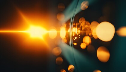 Poster - A close-up view of a lens reflecting warm light and bokeh effects. This captivating image creates a vibrant atmosphere, illustrating the beauty of light and optics in motion.