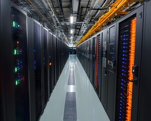 Poster - A modern data center showcasing rows of servers with illuminated panels, reflecting advanced technology and infrastructure. Ideal for illustrating data management and IT solutions.