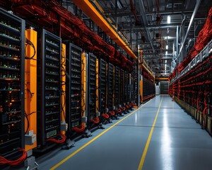 Poster - A modern data center filled with rows of servers and intricate wiring. The efficient design highlights the technological advancements in data storage and processing capabilities.