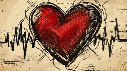 Poster - A vibrant red heart is drawn on a textured background, accompanied by a heartbeat line that conveys a sense of life and emotion, evoking feelings of love and passion.